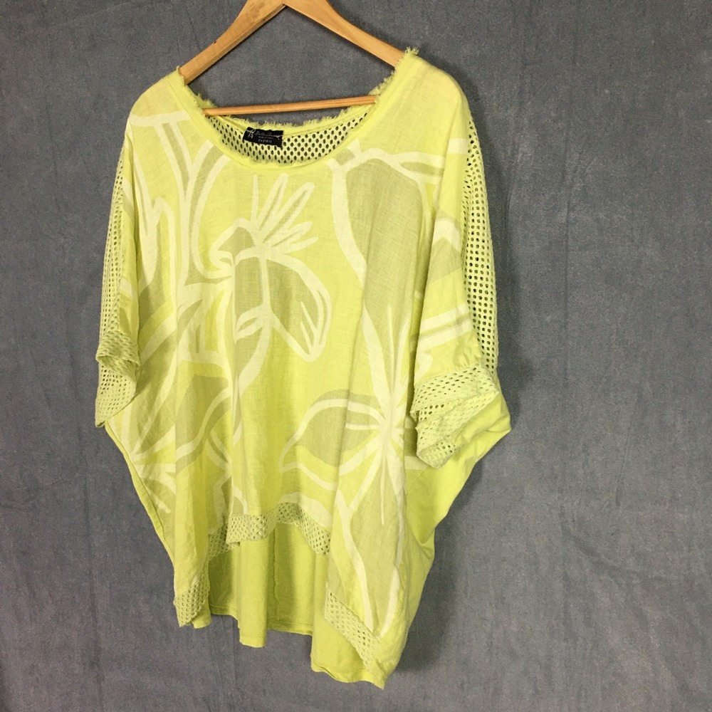 Bella Amore Italy Yellow Green Abstract Top One Size Mesh Oversized Blouse Boxy - Picture 11 of 16